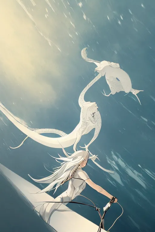 Image similar to vanishing point, white hair eva riding on the white dragon's neck ready to fight, by victo ngai and makoto shinkai, partner, adiant light, minimalist, unreal engine 5, concept art ， highly rendered,, digital painting, artstation, concept art, smooth, sharp foccus, artstation hq