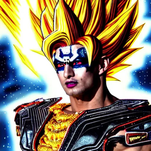 Image similar to uhd photorealistic detailed image of max voltage, the rock and roll emperor, dressed as super saiyan emperor, powering up, wearing extremely intricate costume and makeup, by ayami kojima, amano, and karol bak