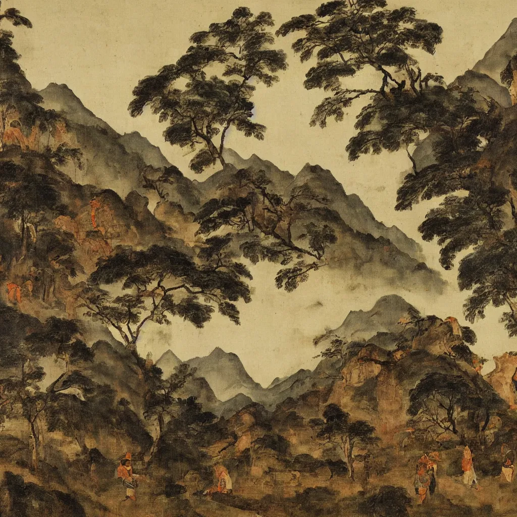 Prompt: a painting of the landscape and mountains around chengdu , in the style of titian , flemish painting