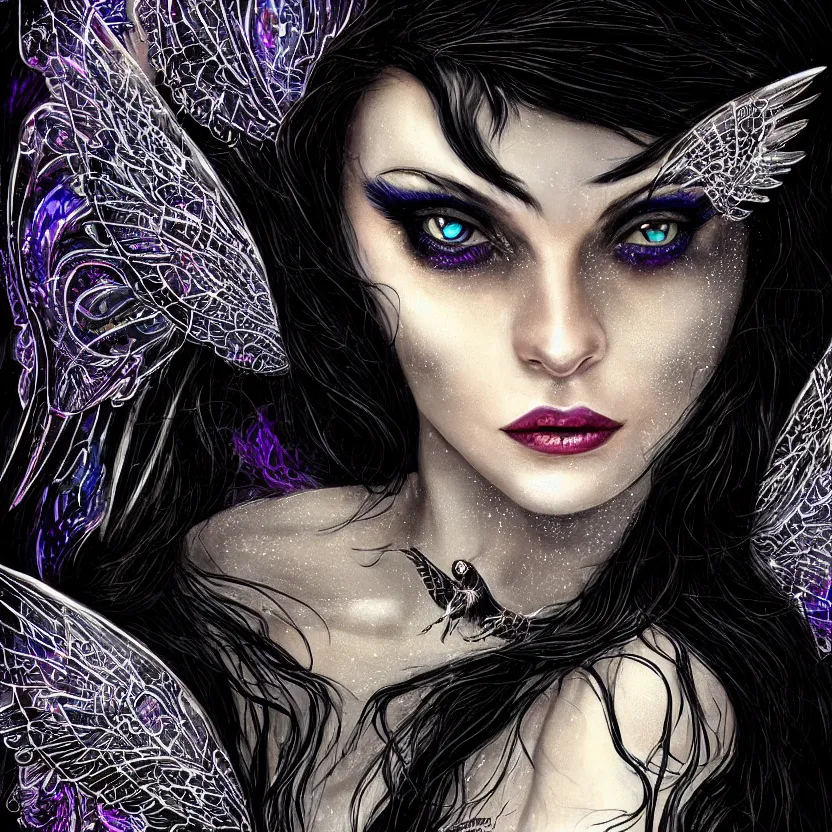 Image similar to close up portrait on the enchanting femenine witch, hyper attractive, seductive, very complex, hyper-maximalist, overdetailed, legendary cinematic, darkfantasy, archetype with timeless beauty breathtaking eyes & glowing wings, collossal moon rising behind her with bird shadows, highly intricate, digital art, very elegant, HDR 8K, biblical art, realism, incomprehensible yet perspicious detail, unbeatable quality, silent hill aesthetic, photorealistic, lifelike, DSLR 8k, unbeatable coherency, Omnious intricate, octane render, created Nixeu & z--ed from deviantart