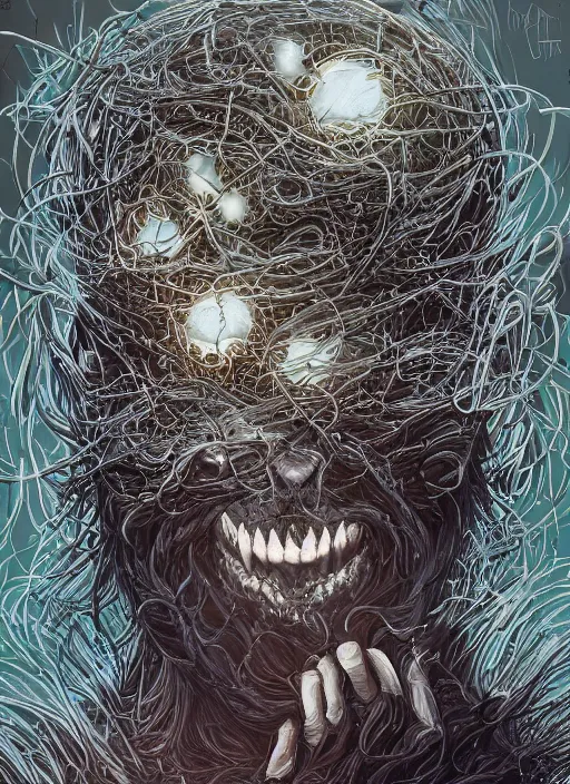 Image similar to nest on human head, open mouth, cruelty, pain, black crows, light effect, hyper detailed, intricate, elegant, highly detailed, digital painting, artstation, concept art, matte, sharp focus, illustration, by dan mumford, yusuke murata, makoto shinkai, ross tran