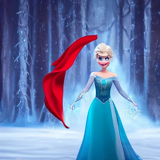 Prompt: elsa from frozen with a red dress and fire powers