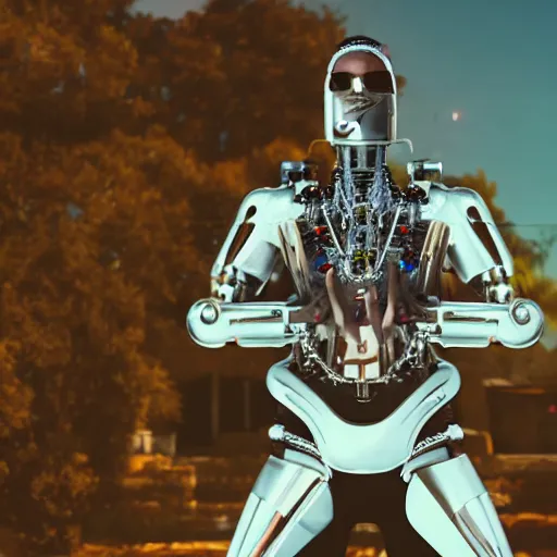 Prompt: a cinematic film still of rapper unotheactivist as a cybernetic cyborg, cgi, surrealism, film photography