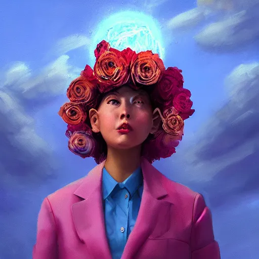 Prompt: closeup, giant rose flower over head, frontal, girl in a suit, surreal photography, sunrise, blue sky, dramatic light, impressionist painting, digital painting, artstation, simon stalenhag