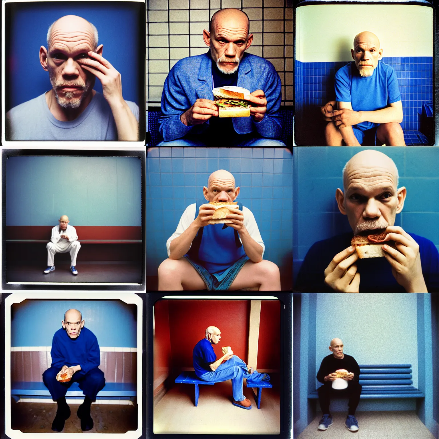 Prompt: john malkovich sitting on a bench in a blue tiled bathroom, looking despondent, eating a sandwich. tungsten lighting. expired film, polaroid. award winning lighting