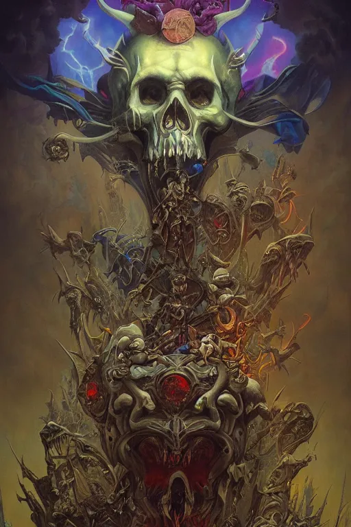 Image similar to evil gigantic skull lord of death, fantasy painting, ultra realistic, wide angle, art nouveau, intricate details, rainbowshift, vivid colors, highly detailed by peter mohrbacher, maxfield parrish, aaron horkey, gaston bussiere, craig mullins