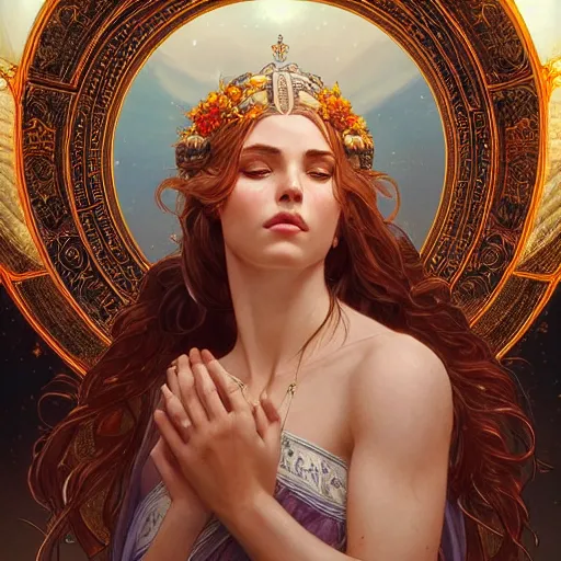 Image similar to goddess, goddess of hope, elpis, light hair, greek, happiness, intricate, elegant, ethereal, highly detailed, digital painting, artstation, concept art, smooth, sharp focus, illustration, art by artgerm and greg rutkowski and alphonse mucha