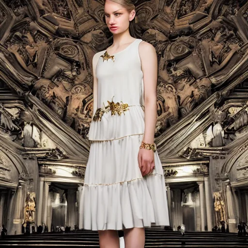 Prompt: Young lady full length shot wearing valentino resort simple sleeveless dress pale grey and white flowers in the style of baroque cyberpunk oil painting standing inside lourve, 8K, background renaissance paintings with gold