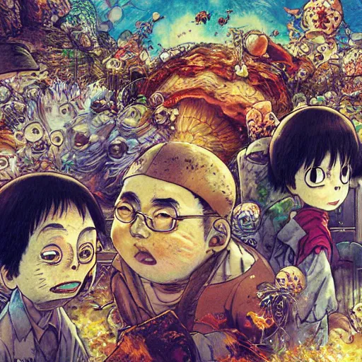 Prompt: The potatoes eaters, portrait by Android Jones ,Hayao Miyazaki, Katsuhiro Otomo, Eiichiro Oda, Shigeto Hirai Yuya