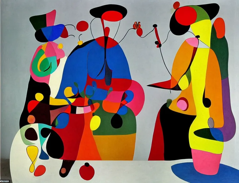 Prompt: a colorful installation sculpture artwork of a old and strange dusty professor in black suite and hat and a old woman making a study of drinking 1 0 cups of black coffee in 5 seconds in a kitchen that is melting, styled by joan miro and niki de saint phalle