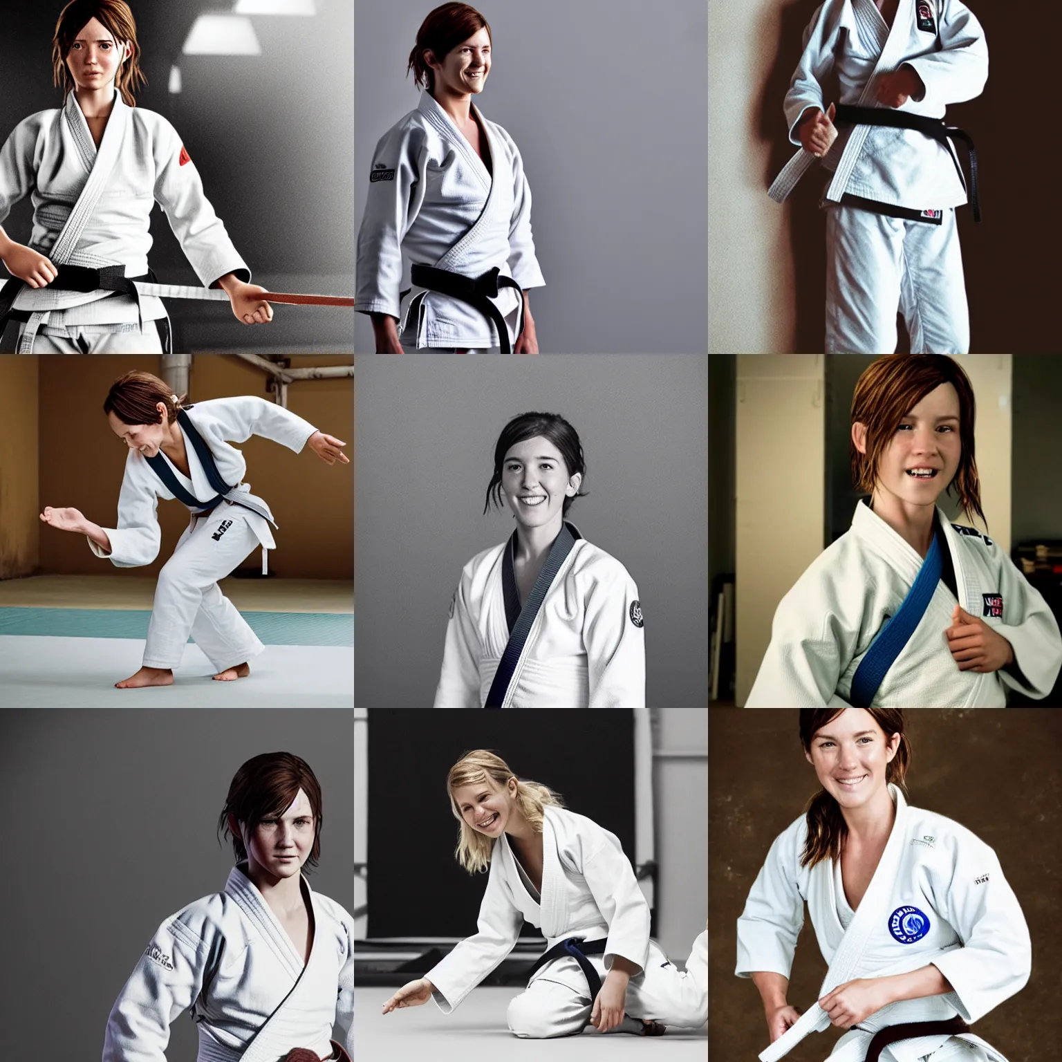 Prompt: Ellie from The Last of Us as a judo white belt, wearing a white gi, in a dojo, smiling, candid photography by Annie Leibovitz