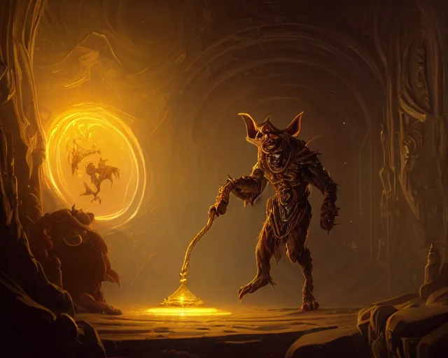 Image similar to a 4 k cinematic screenshot still portrait of a goblin in a dark liminal space room surrounded by gold, deep focus, d & d, fantasy, intricate, elegant, highly detailed, digital painting, art station, concept art, matte, sharp focus, illustration, dark fantasy style art, hearthstone, art by artgerm and greg rutkowski and alphonse mucha