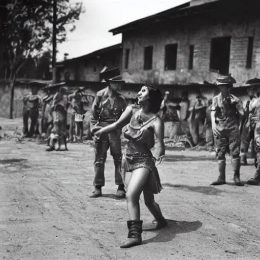 Prompt: shantae dancing in prison camp, wwii, full color photo