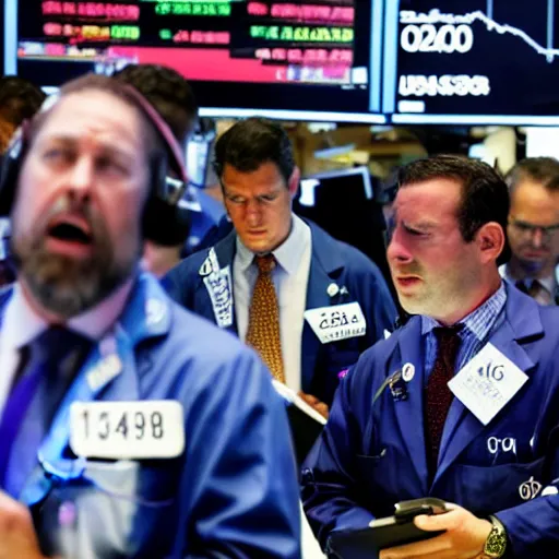 Prompt: a group of traders upset on the stock market floor