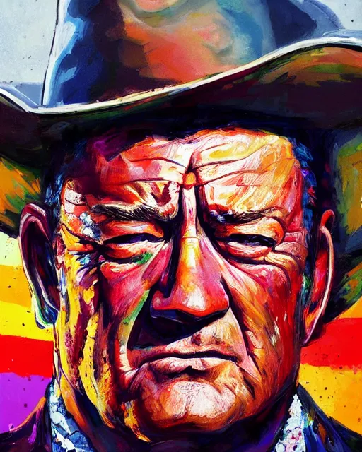 Prompt: a head and shoulder portrait of John Wayne painted in the colorful and expressive style of Kotwdq, trending on Artstation 8k photorealistic