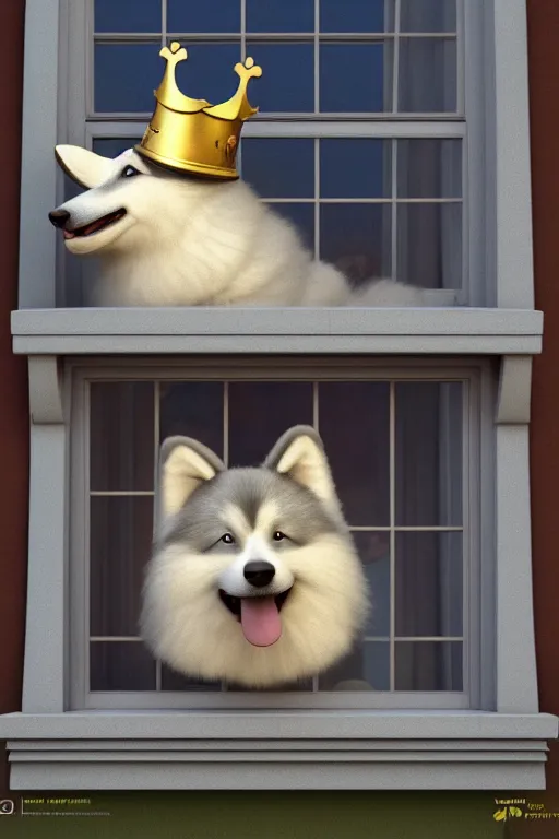 Image similar to happy finnish lapphund dog wearing a crown at house window. pixar disney 4 k 3 d render funny animation movie oscar winning trending on artstation