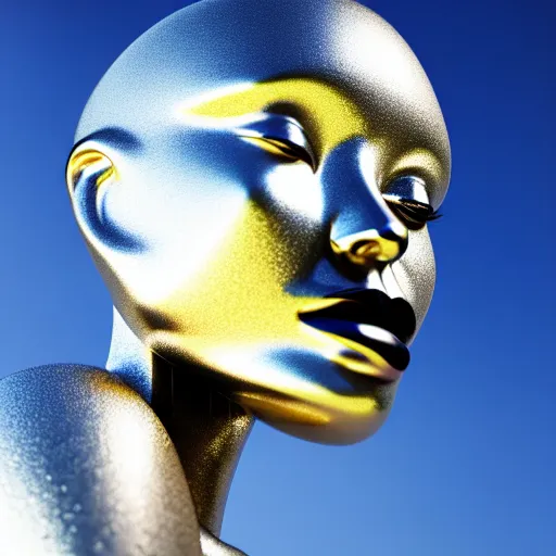 Prompt: portrait of metallic robot face, african woman, mercury, mirror reflections, smooth, liquid metal, proud, looking away, outdoor, blue sky, 8 k, realistic, depth of field, highly detailed, award winning photography