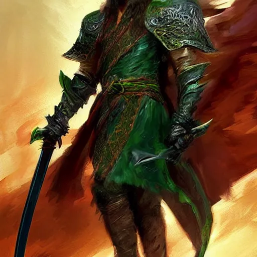 Prompt: A portrait of a fighter with short dark hair and a beard, dual wielding two magical swords, wearing green dragon armor and a cloak made of cheetah, fantasy, digital art by Ruan Jia, Donglu Yu