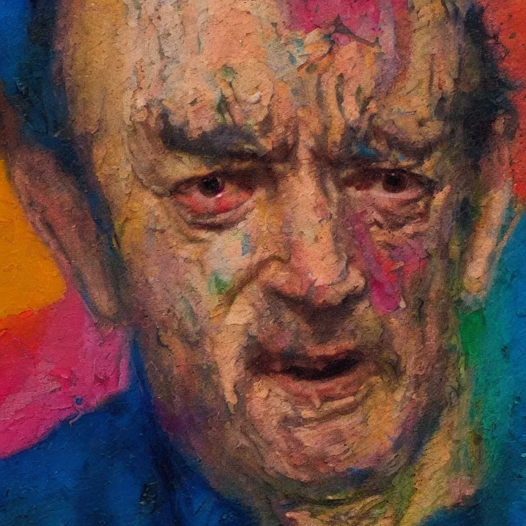 Prompt: colorfully tinted Antique tintype of Beautiful warmly lit close up expressionistic oil painting studio portrait of very angry! Tom Hanks, impasto oil painting heavy brushstrokes by Cy Twombly and Anselm Kiefer , trending on artstation dramatic lighting abstract Expressionism