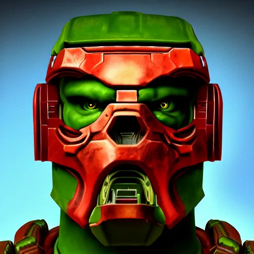 Image similar to portrait of doomguy from game doom, highly detailed, 8 k render centered, digital painting