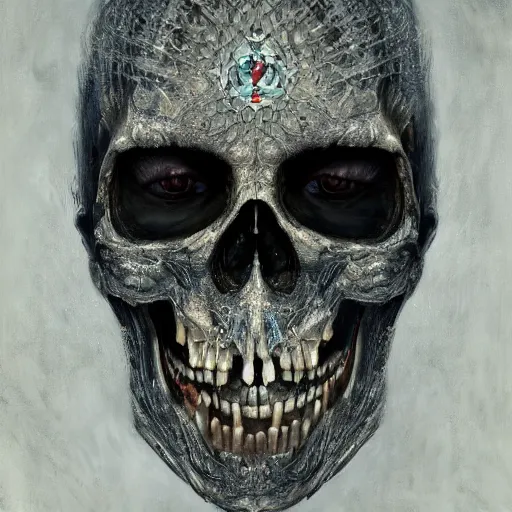 Prompt: A very detailed horrifying portrait painting of the prince of death, crystal crystal patterned skin, crystal crystal teeth, occult, 8k, trending on artstation cgsociety, masterpiece, in the style of DiscoDiffusion.