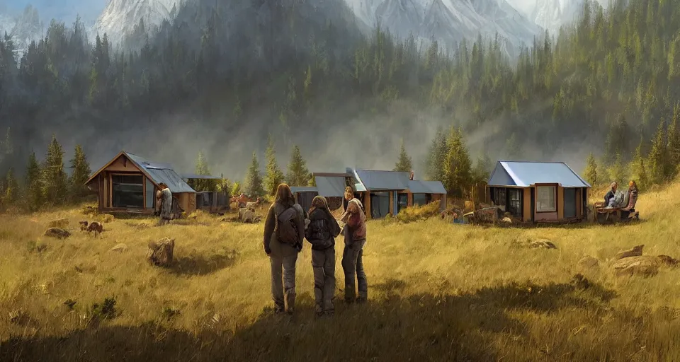 Image similar to cabela's beautiful comfortable community of modular insulated wall container home kit - house all weather family dwelling tent house, person in foreground, mountainous forested wilderness open fields, beautiful views, painterly concept art, environmental concept art, concept art illustration, by james gurney, by craig mullins, by greg rutkowski trending on artstation