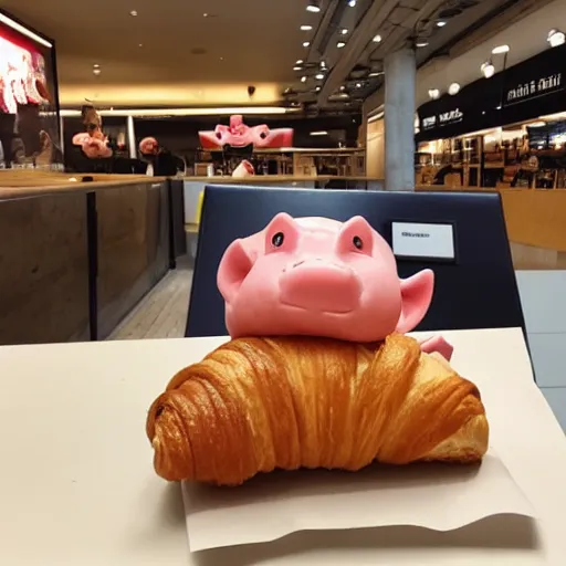 Image similar to Percy Pig eating a croissant at Pret in Gatwick Airport, Greg Rutkowski