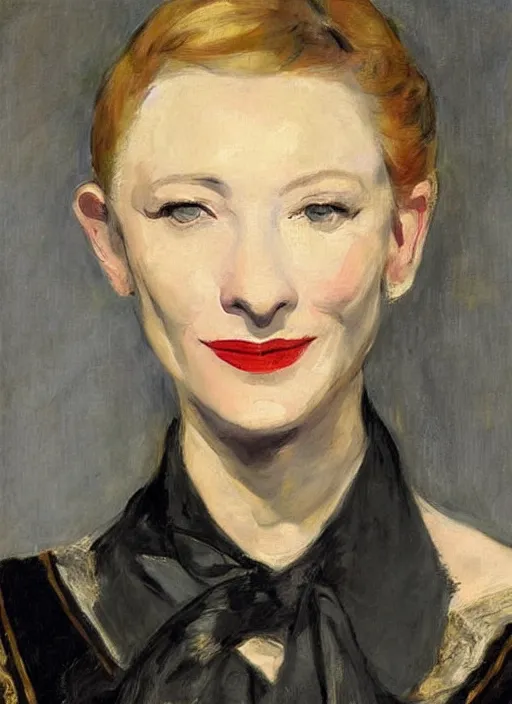 Prompt: An antique oil painting of cate blanchett by Manet, super detailed, hd