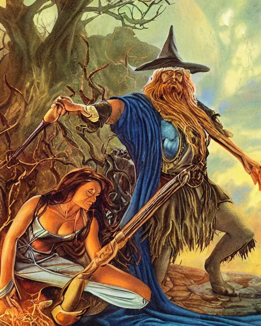 Prompt: Wizard gazing at a pinup of a witch reclining on a broom, by Jeff Easley