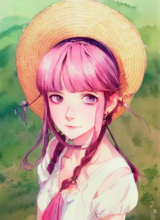 Prompt: portrait of a cute girl with pink hair with straw hat dress in boho style camping, symmetry face, top lighting, cute - fine - face, ( watercolor ), art by hidari and krenz cushart and wenjun lin and starember