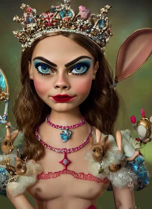 Image similar to closeup face profile portrait of a tin toy cara delevingne as a fairytale princess wearing a crown with tin bunnies, bikini, depth of field, zeiss lens, detailed, symmetrical, centered, fashion photoshoot, by nicoletta ceccoli, mark ryden, lostfish, breathtaking, 8 k resolution, extremely detailed, beautiful, establishing shot, artistic, hyperrealistic, octane render