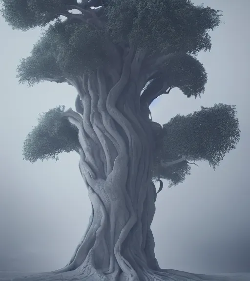 Image similar to surreal tree of snakes, vertical veins of white sand, ancient tree, octane render, unreal engine, foggy sky, wide angle, trending on artstation