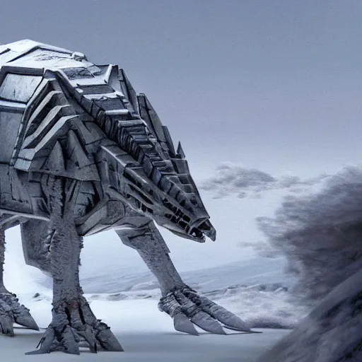 Prompt: a fusion between the tarrasque and an AT-AT, flat grey color, completely metal, walking across ice planet, hyper-realistic CG