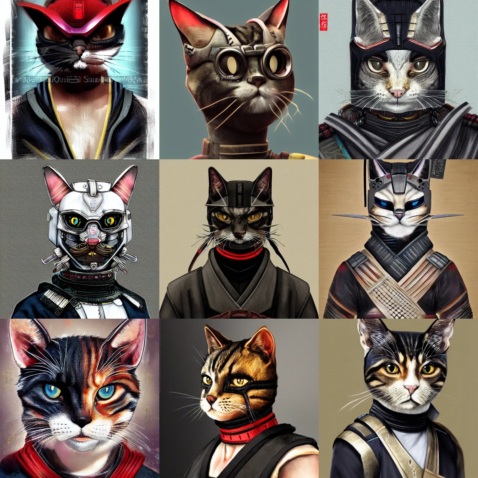 Prompt: Renovatio portrait cat samurai cyberpunk, high detail, high modernization, full body, ultra mega super hyper realistic