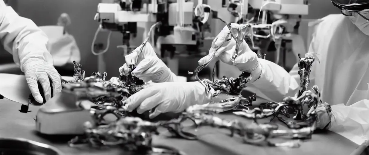 Prompt: filmic dutch angle extreme closeup movie still 4 k uhd 3 5 mm film color photograph of hands wearing surgical gloves dissecting a deceased mysterious grotesque alien specimen in a lab