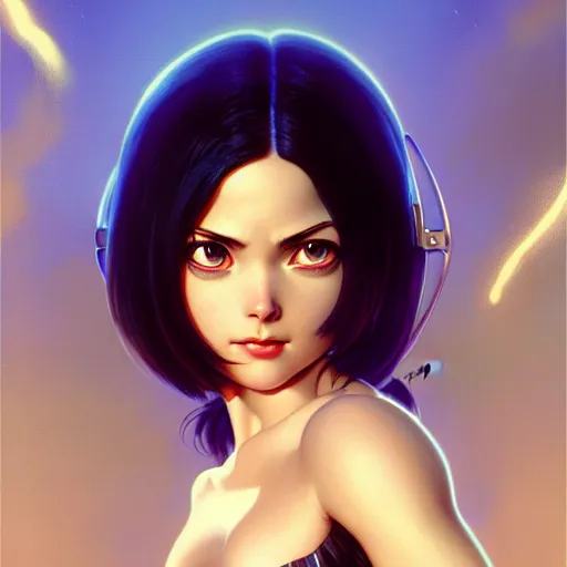 Image similar to battle angel Alita, dark fantasy, medium shot, intricate, elegant, highly detailed, digital painting, volumetric light, artstation, concept art, smooth, sharp focus, illustration, art by Gil Elvgren and Greg Rutkowski and Alphonse Mucha