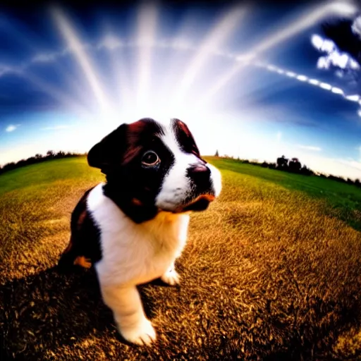 Image similar to This is a photo of a puppy. The puppy is happy. Tilt-shift fisheye photo. Light painting. God rays.