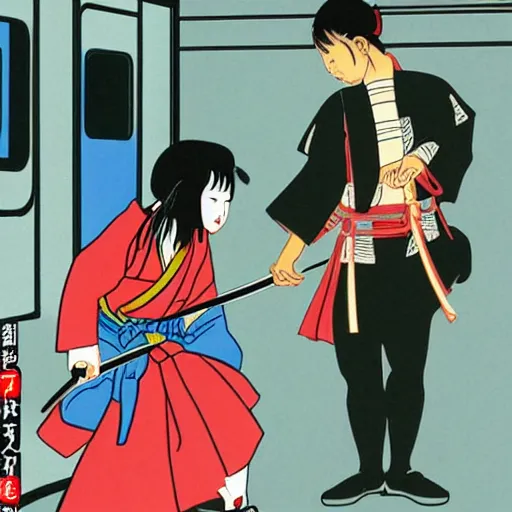 Image similar to Japanese schoolgirl runs away from Samurai with a katana on the subway by Toshio Saeki, high detailed