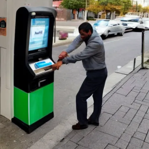 Prompt: Man withdrawing a stack of fish from an ATM