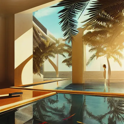 Image similar to indoor liminal space, golden light, peter tarka, palm trees, minimalistic, hyperrealistic surrealism, award winning masterpiece with incredible details, epic stunning, infinity pool mirrors, a surreal vaporwave liminal space with mirrors, highly detailed, trending on artstation, artgerm and greg rutkowski and alphonse mucha, daily deviation