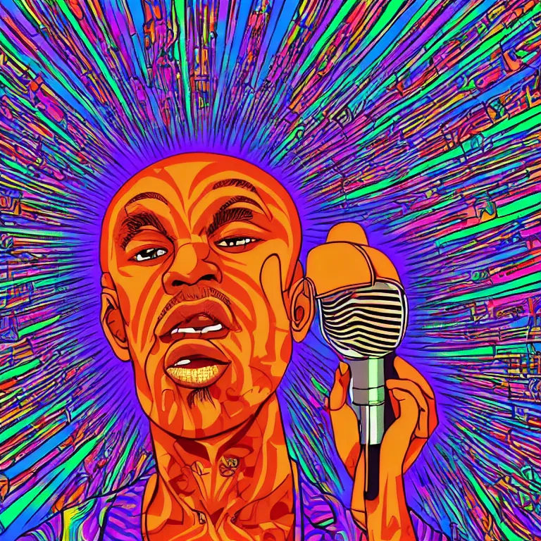 Image similar to rapping on stage at festival, holding microphone, giant crowd, epic angle, profile view, psychedelic hip hop, illustrated by Alex Grey