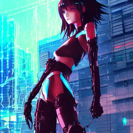 prompthunt: full digital cyberpunk anime!!, shattered cyborg - girl in the  style of arcane!!!, lightning, raining!!, water refractions!!, black long  hair!, biomechanical details, neon background lighting, reflections, wlop,  ilya kuvshinov, artgerm