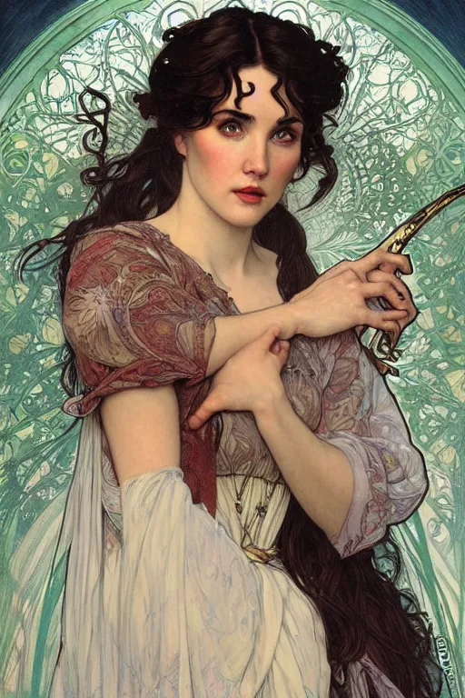 Prompt: realistic detailed face portrait of Jennifer Connelly as Snow White by Alphonse Mucha, Ayami Kojima, Amano, Charlie Bowater, Karol Bak, Greg Hildebrandt, Jean Delville, and Mark Brooks, Art Nouveau, Neo-Gothic, gothic, rich deep moody colors