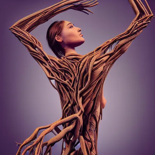 Image similar to digital art, Abstract art, humain female body made of roots, intricate roots, trending on artstation, -640