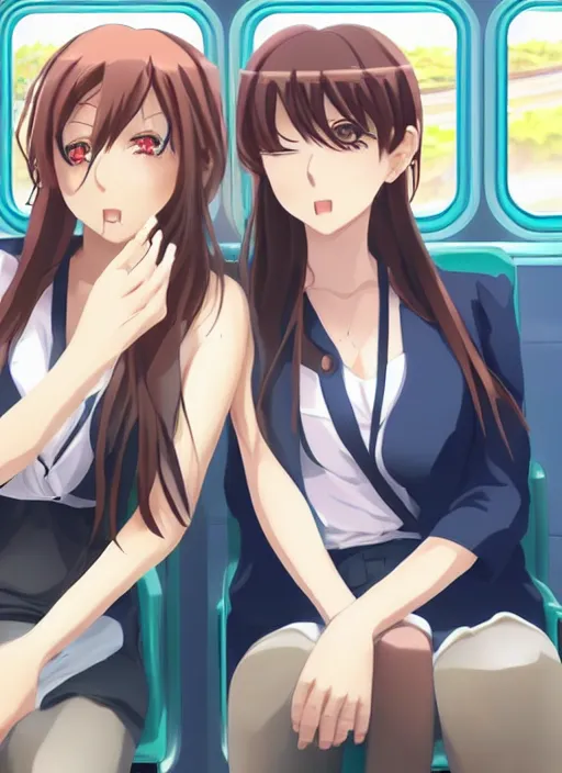 Prompt: two beautiful mothers on the train, summer clothes, gorgeous faces, thick lines, cinematic lighting, detailed anime art