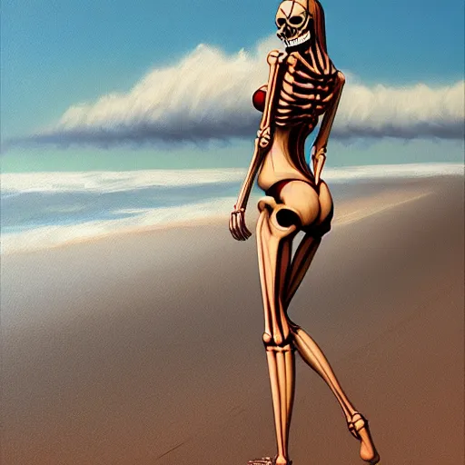 Image similar to Professional painting of anatomically correct skeleton in bikini walks along the beach, big nuclear bomb explosion in the background, trending on Artstation, realistic, ultra detail