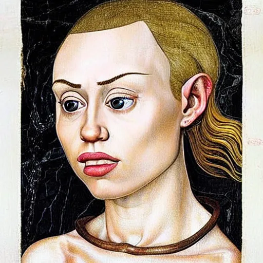 Image similar to miley cyrus as gollum, elegant portrait by sandro botticelli, detailed, symmetrical, intricate