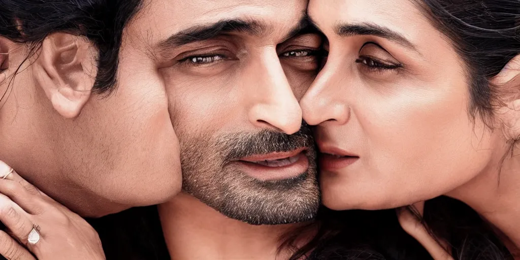 Image similar to closeup of kareena kapoor and arjun rampal kissing, natural lighting, hyper detailed, 1 0 0 mm, photographic, cinematic lighting, studio quality.