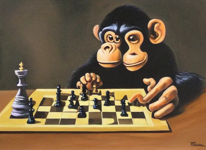 Prompt: a painting of a chimp playing chess in the style of donald roller wilson