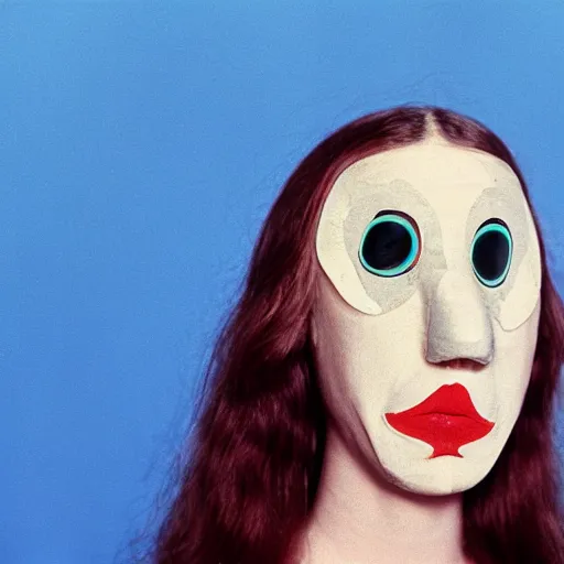 Image similar to woman with a nostril face, long snout, wearing eyeballs on her head, outdoors 1974 arthouse film, archival footage, technicolor film